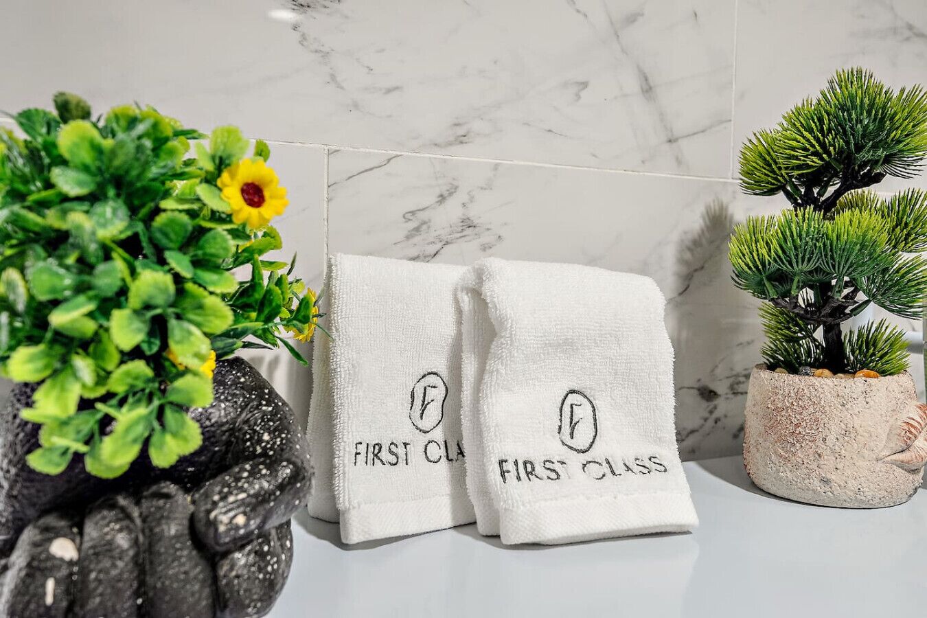 Ein Badezimmer mit Marmorverkleidung, einer Topfpflanze und zwei Handtüchern mit dem Aufdruck 'FIRST CLASS'.