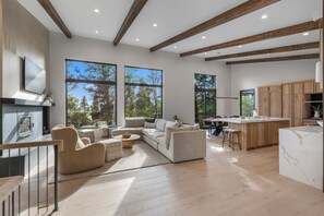 Smart TV, lareira, livros, aparelho de som