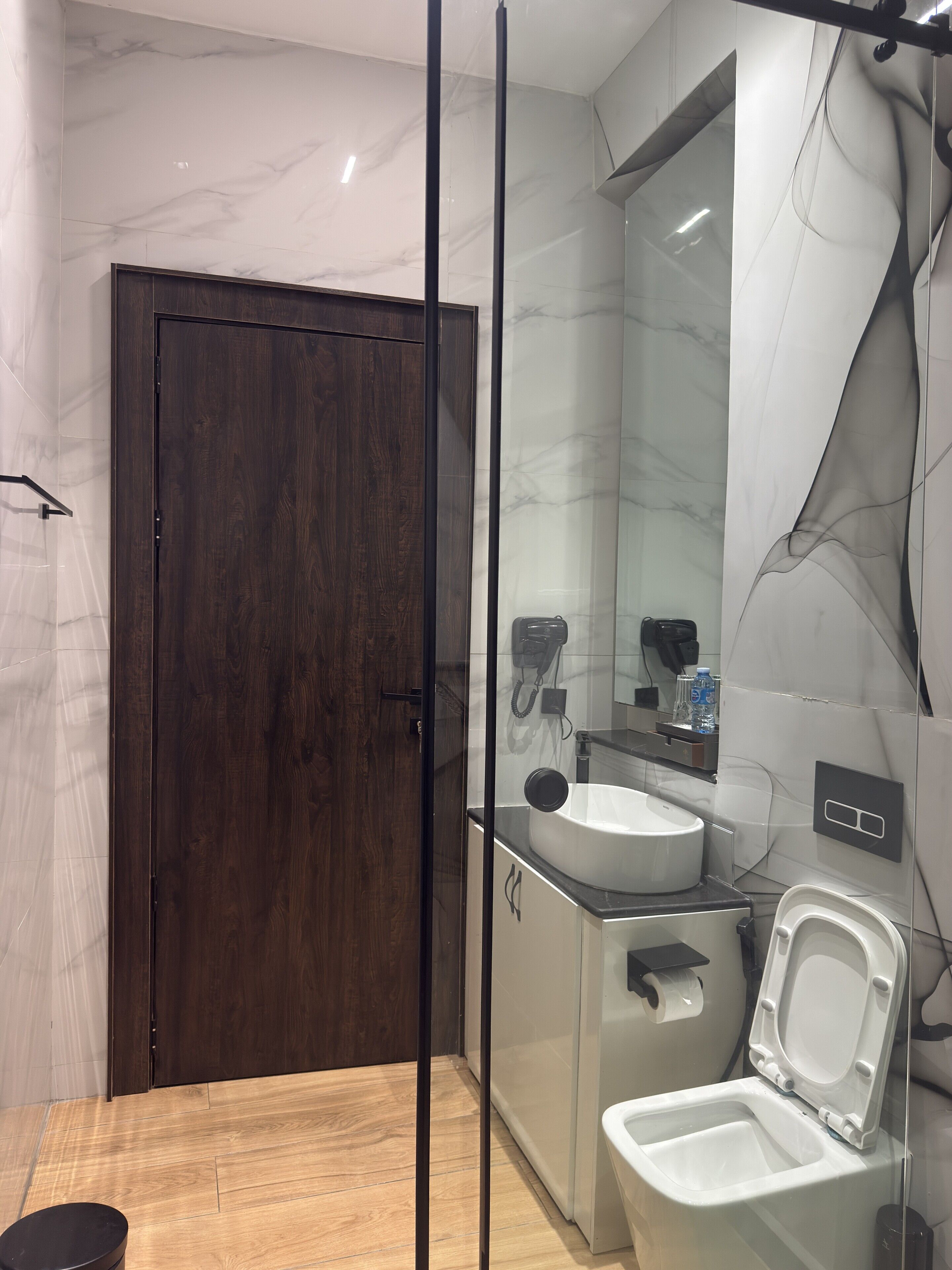 A modern bathroom with a dark wooden door, a glass shower enclosure, a white sink, and a toilet with a raised seat.