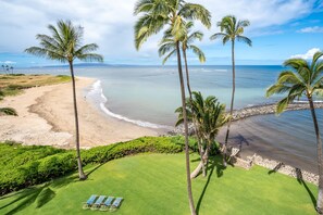 On the beach, sun-loungers, beach towels