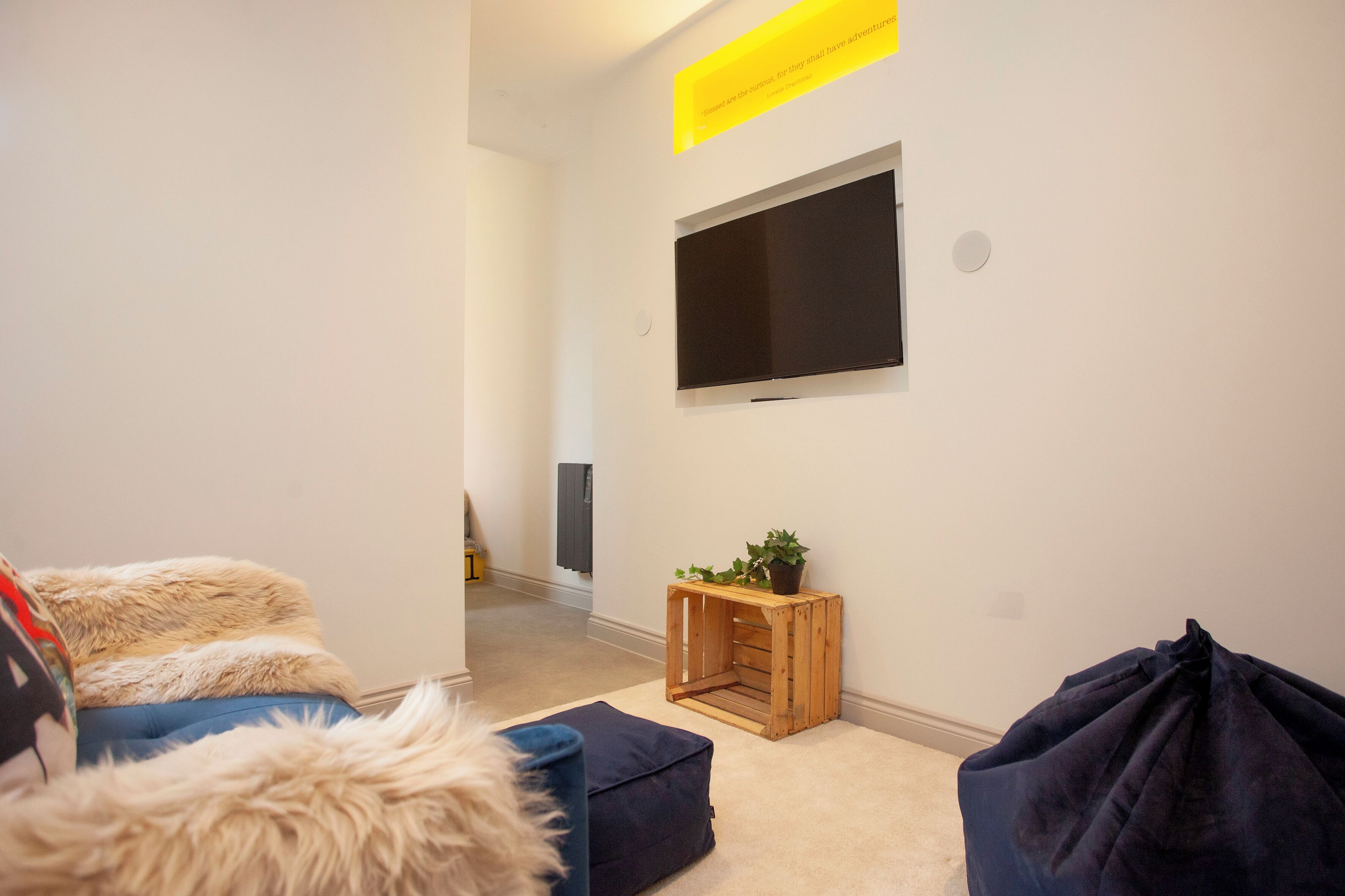 Un salon moderne avec un téléviseur à écran plat fixé au mur, une caisse en bois contenant une plante et un canapé bleu agrémenté d’un plaid moelleux.