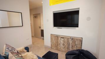 A living room with a flat-screen TV mounted above a rustic wooden panel, a large mirror on the left, and a door labeled "WC" in the background.