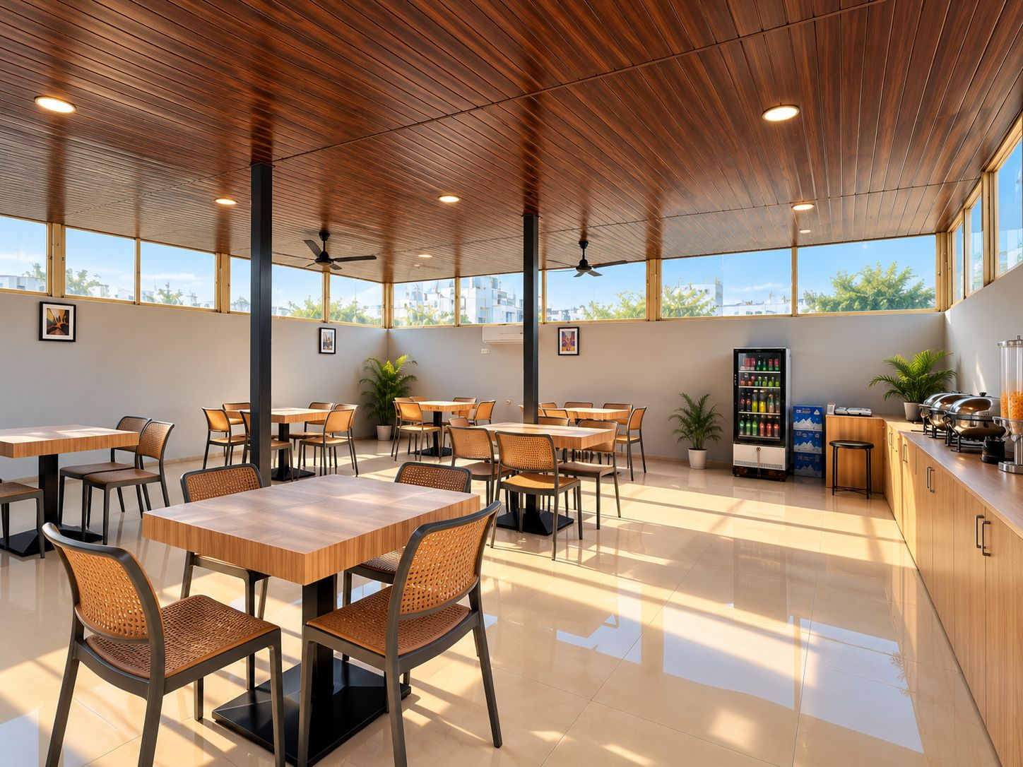 A modern dining area with wooden tables and chairs, a beverage dispenser, and large windows offering a view of the city.