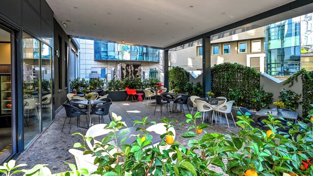 Een terras met tafels en stoelen, omringd door planten en citrusbomen.