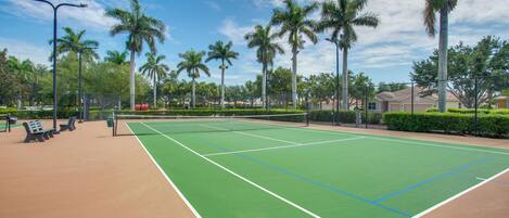 An outdoor tennis court with a net, surrounded by palm trees and benches.