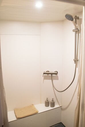 Shower, towels, soap, toilet paper