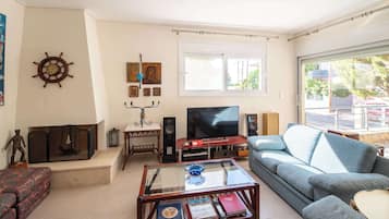 Televisión, chimenea y estéreo