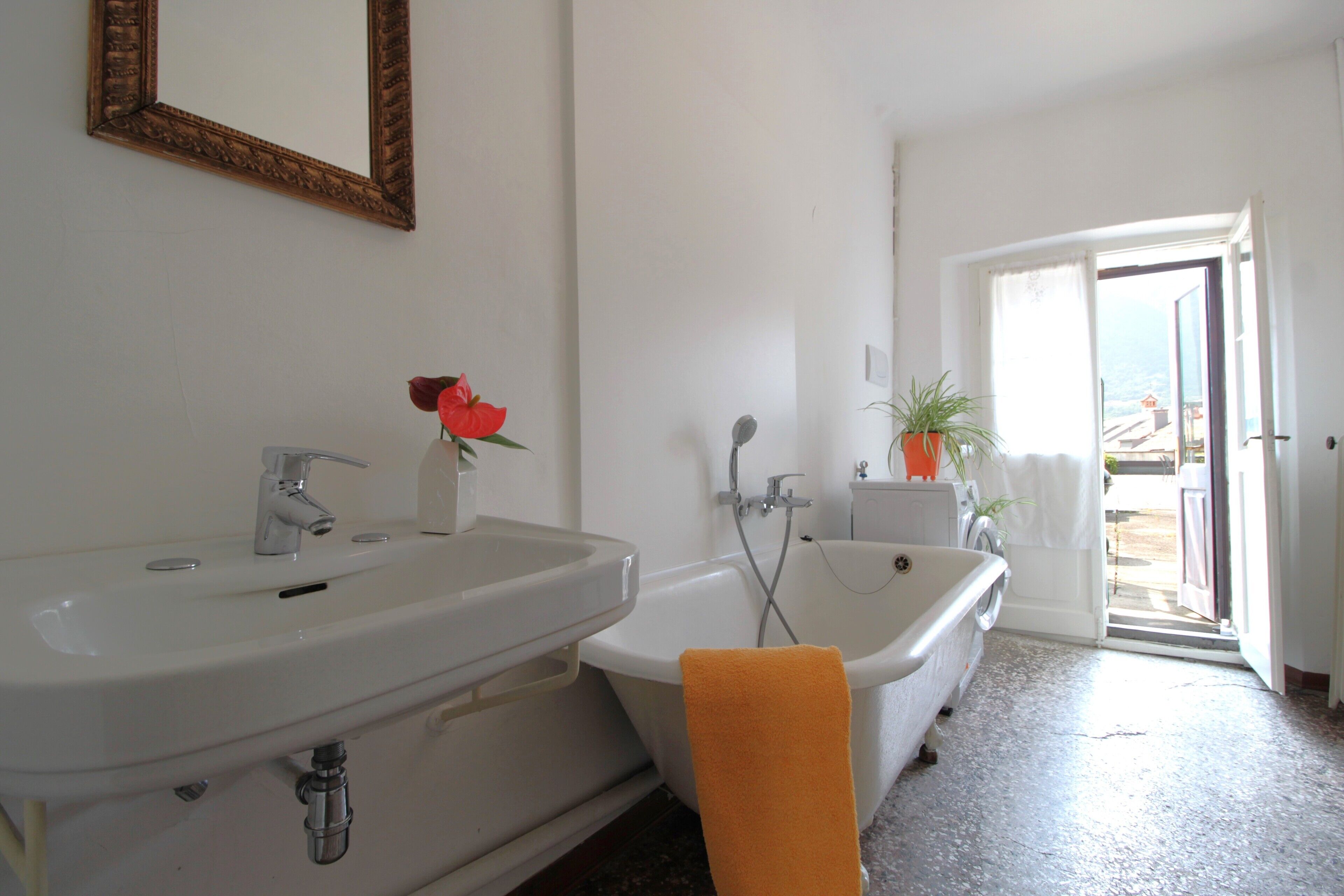 A bathroom with a sink, bathtub, and a potted plant.