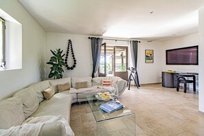 TV connectée, cheminée, livres