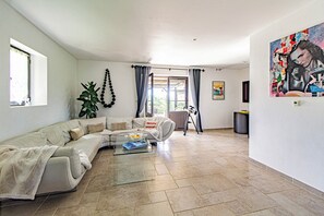 Smart TV, fireplace, books