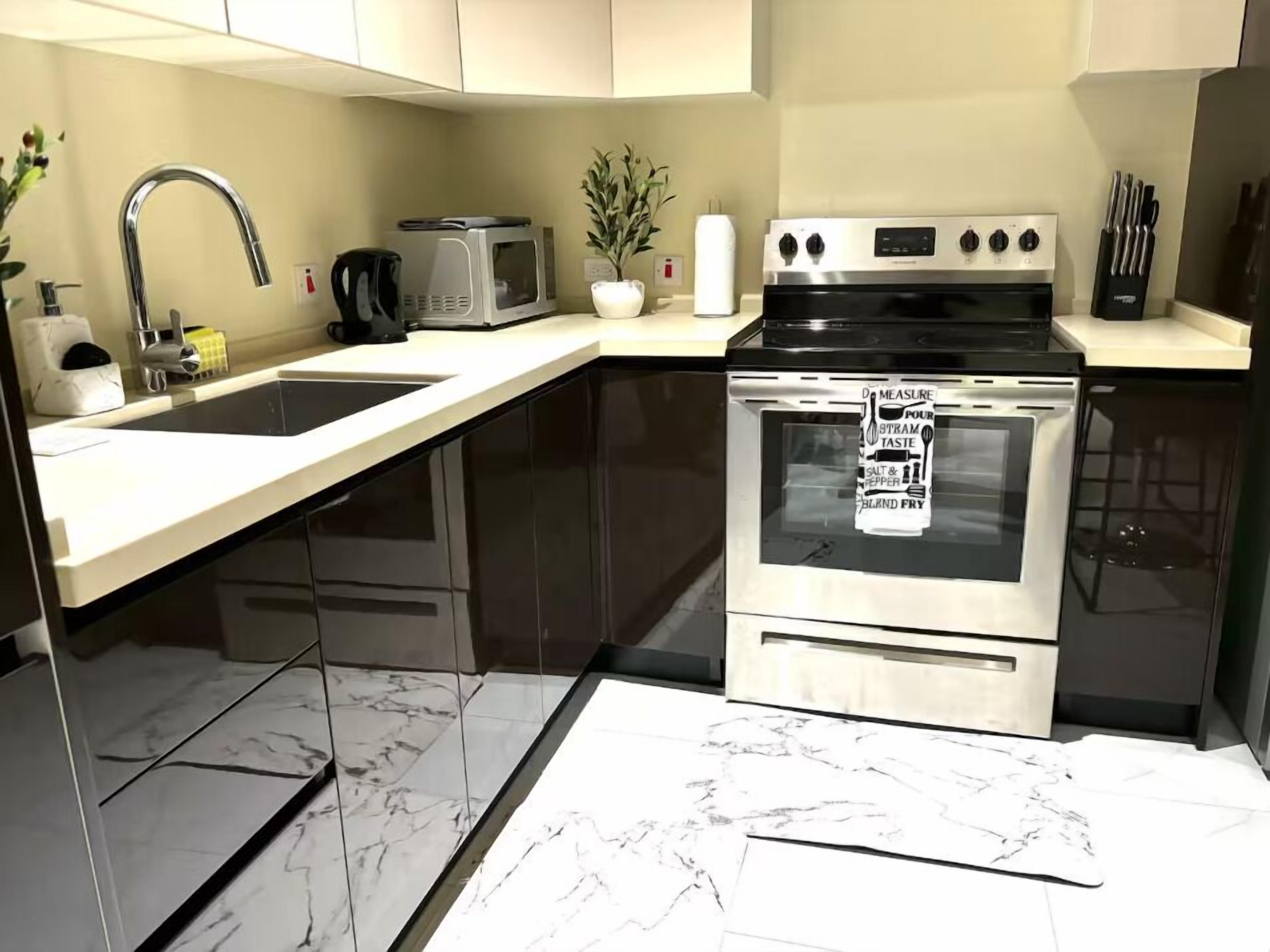Une cuisine moderne équipée d’un évier à deux bacs, d’un four à micro-ondes, d’une cuisinière et d’une plante en pot.