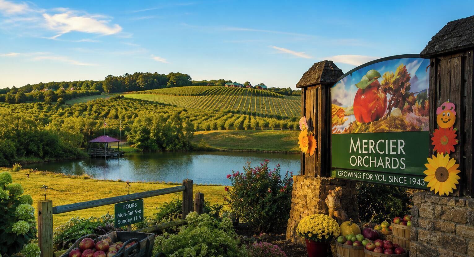 Señal de Mercier Orchards con vista a un lago y a los huertos.