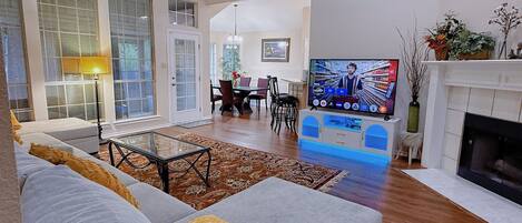 Smart TV, fireplace, books