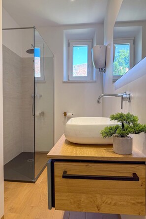 Shower, hair dryer, bidet, towels