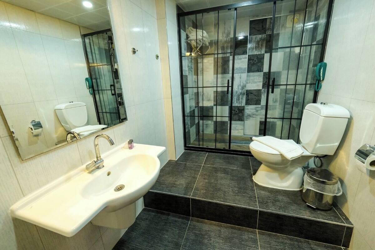 A modern bathroom with a white sink, a toilet, and a glass shower enclosure.