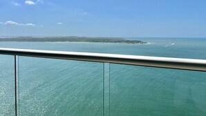 A clear view of the ocean from a balcony with a glass railing.