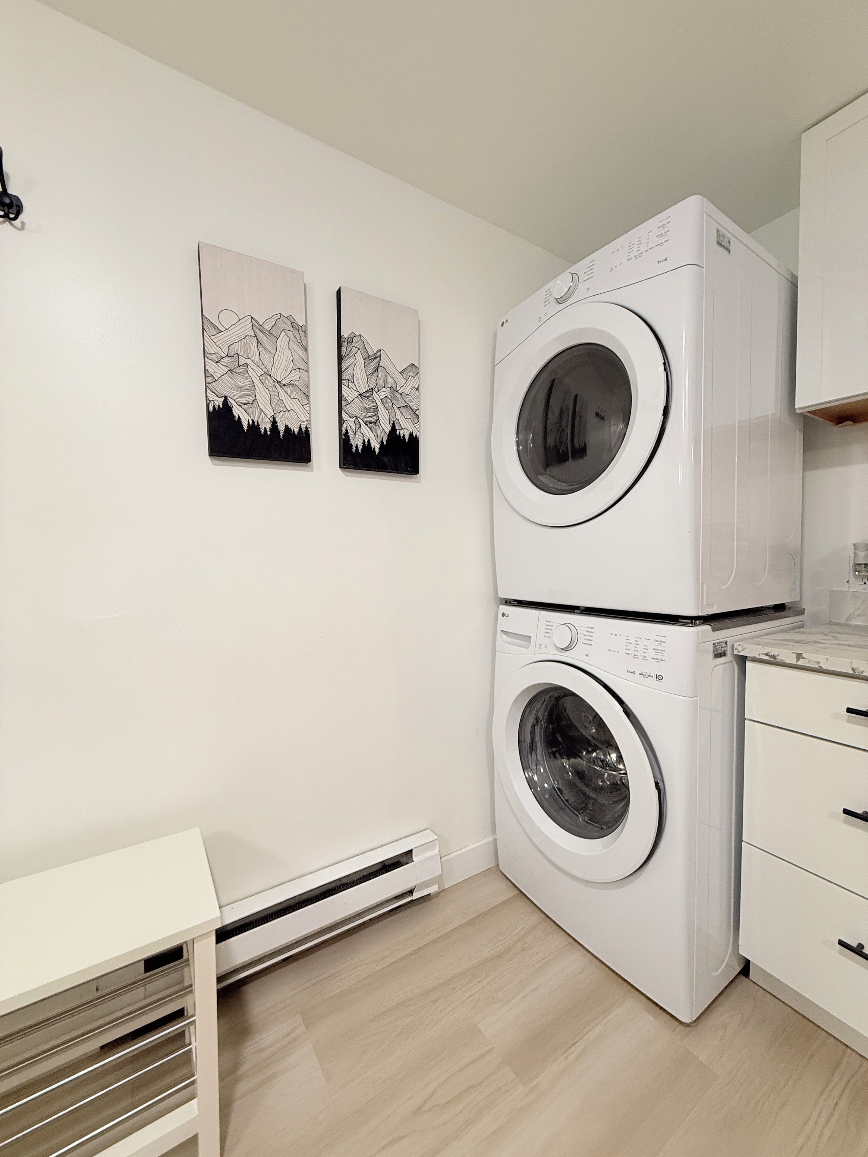 A laundry room with a stacked washer and dryer, a white cabinet, and two framed mountain landscape pictures on the wall.