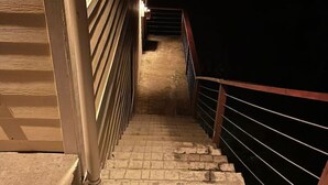 En smal trappa med ett metallräcke som leder in till en mörkare inre del.