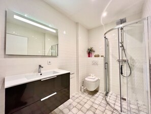 Shower, hair dryer, towels