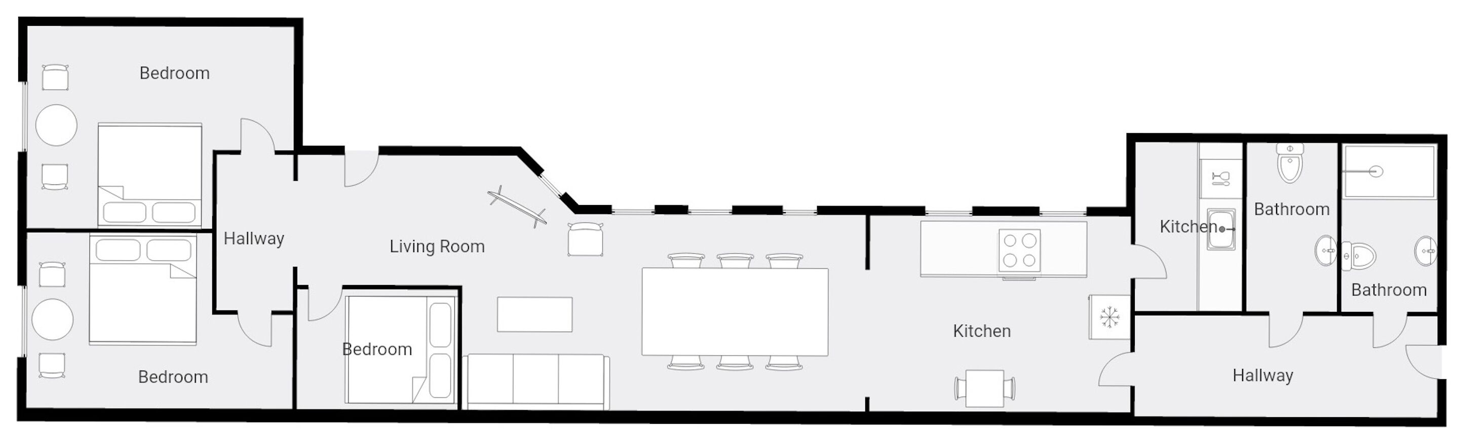 A floor plan with a bedroom, living room, kitchen, bathroom, and hallway.