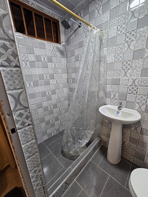 Shower, hair dryer, towels, soap