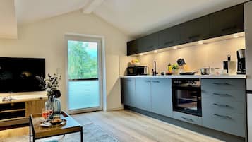 Apartment, 1 King Bed, Mountain View | Private kitchen | Full-size fridge, microwave, oven, stovetop