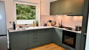 Apartment, 2 Bedrooms, Mountain View, Ground Floor | Private kitchen | Full-size fridge, microwave, oven, stovetop