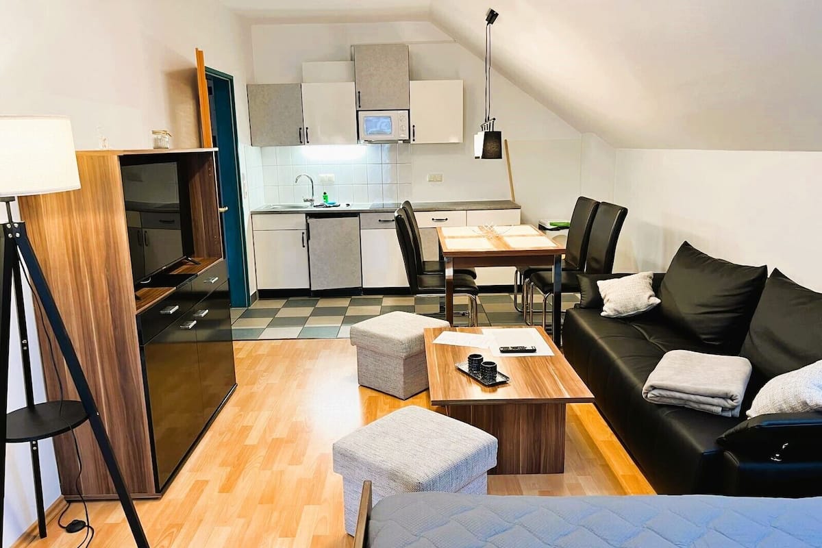 A compact living space with a kitchenette, a dining area, a sofa, and a bed.