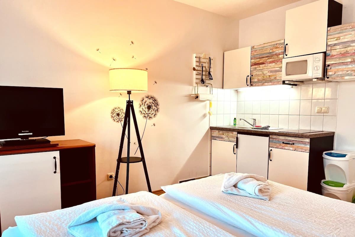 A hotel room with a bed, a desk, a lamp, a TV, a kitchenette, and a trash bin.