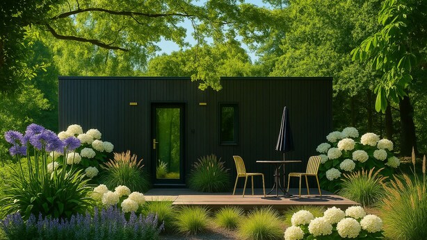 Una cabaña moderna de color oscuro, con puerta verde, rodeada de abundante vegetación y plantas en flor.