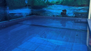 Una piscina interior con suelo de baldosas y un mural que representa una escena fluvial.