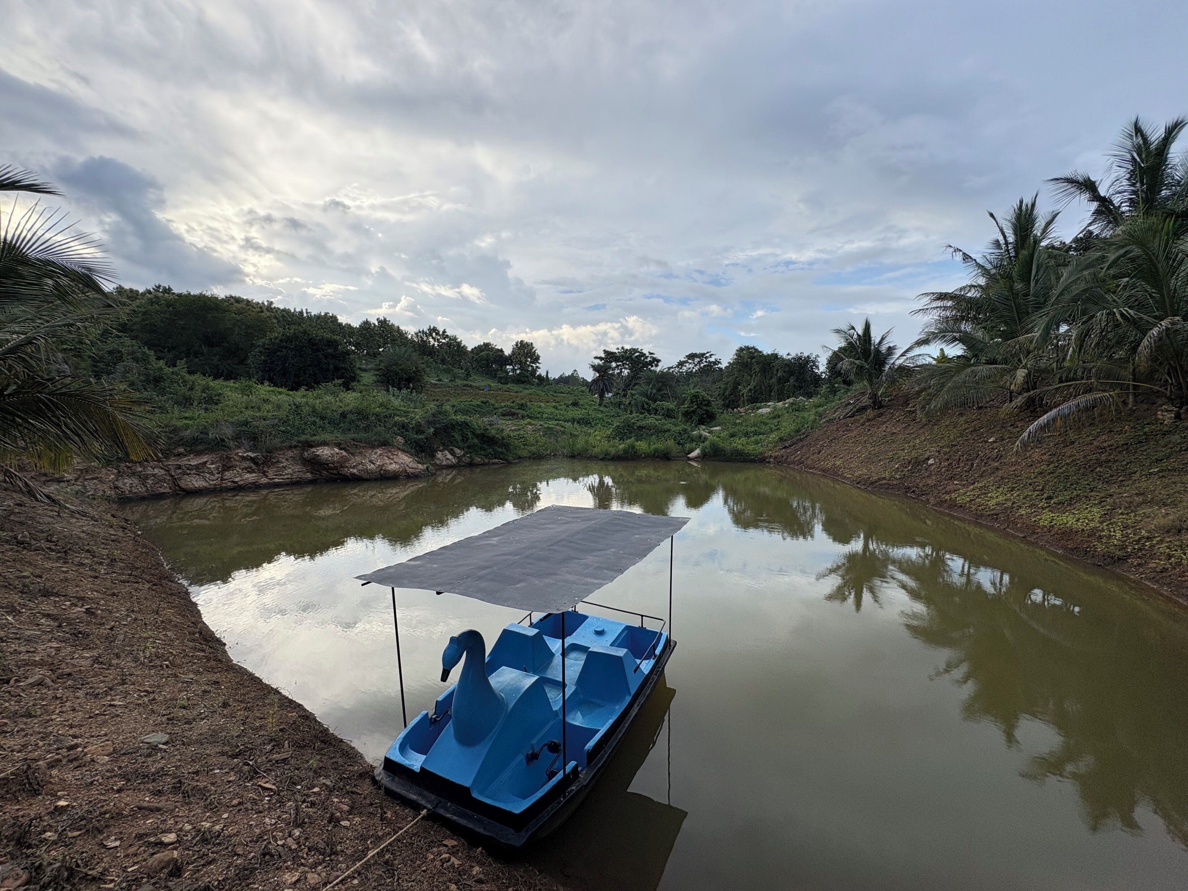 Ein ruhiger Fluss mit einem blauen Boot, das an der linken Seite liegt, umgeben von üppiger Vegetation und Palmen.