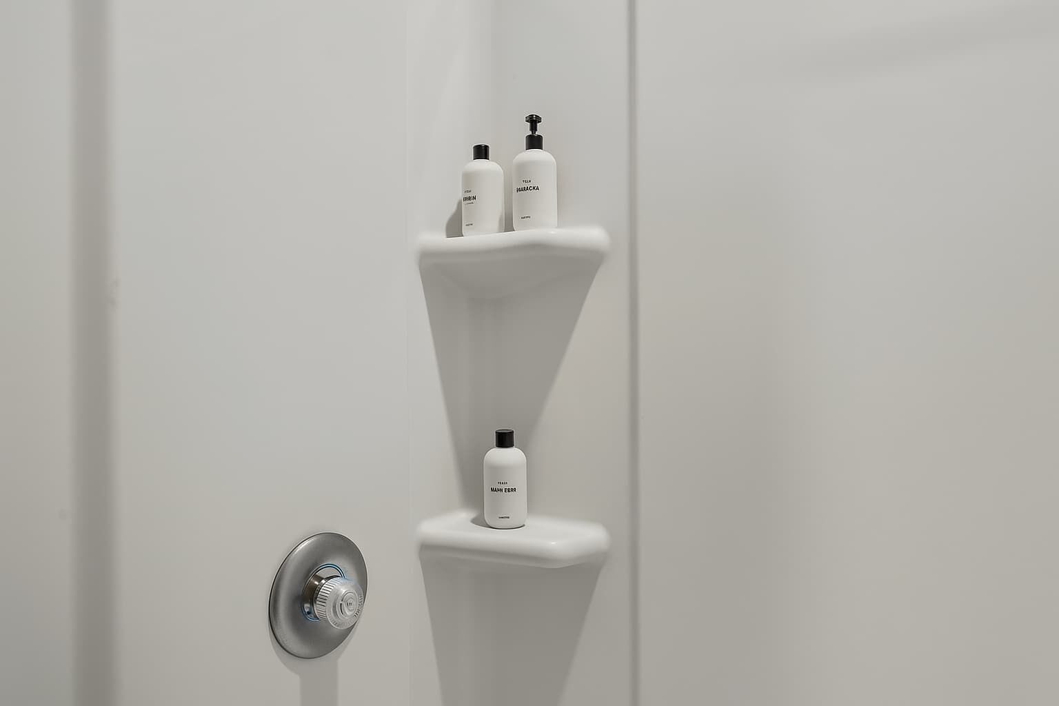 A bathroom with a white sink, a faucet, and three bottles of shampoo on a shelf.