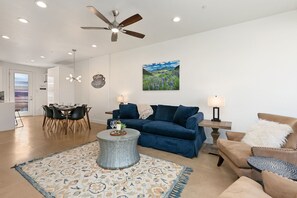 Smart TV, fireplace, books