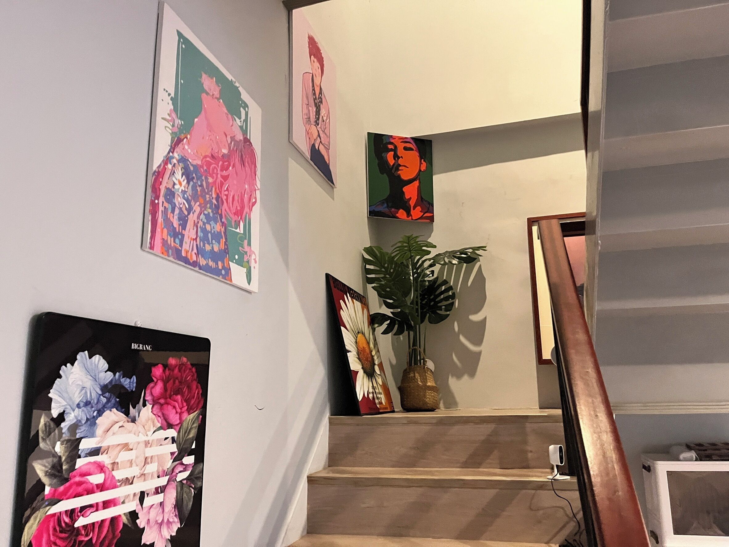A staircase with a wooden handrail, a potted plant, and artwork on the walls.