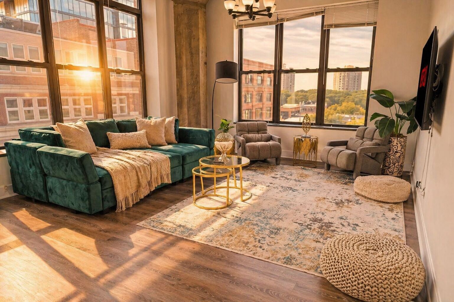 Una sala de estar acogedora con un sofá verde, una mesa redonda de centro y vistas de la ciudad a través de amplios ventanales.