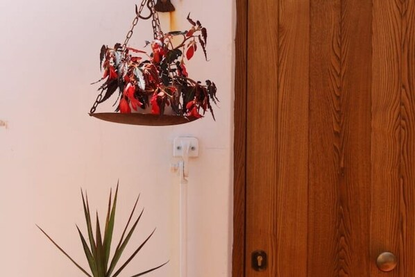 Une porte en bois avec une poignée en métal et une prise électrique blanche fixée au mur.