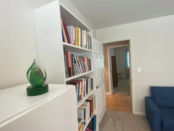 Una habitación con una estantería blanca llena de libros, un objeto decorativo verde sobre una superficie blanca y un sofá azul.