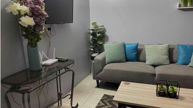 A modern living room with a grey sofa, a coffee table, a TV mounted on the wall, a glass table with a vase of flowers, and a potted plant.
