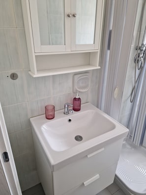 Shower, hair dryer, bidet, towels