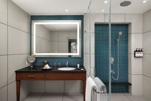 Shower, hydromassage showerhead, designer toiletries, hair dryer