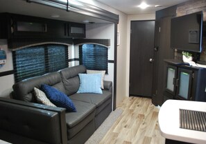 Smart TV, chimenea y estéreo