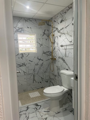 Shower, hair dryer, towels, soap