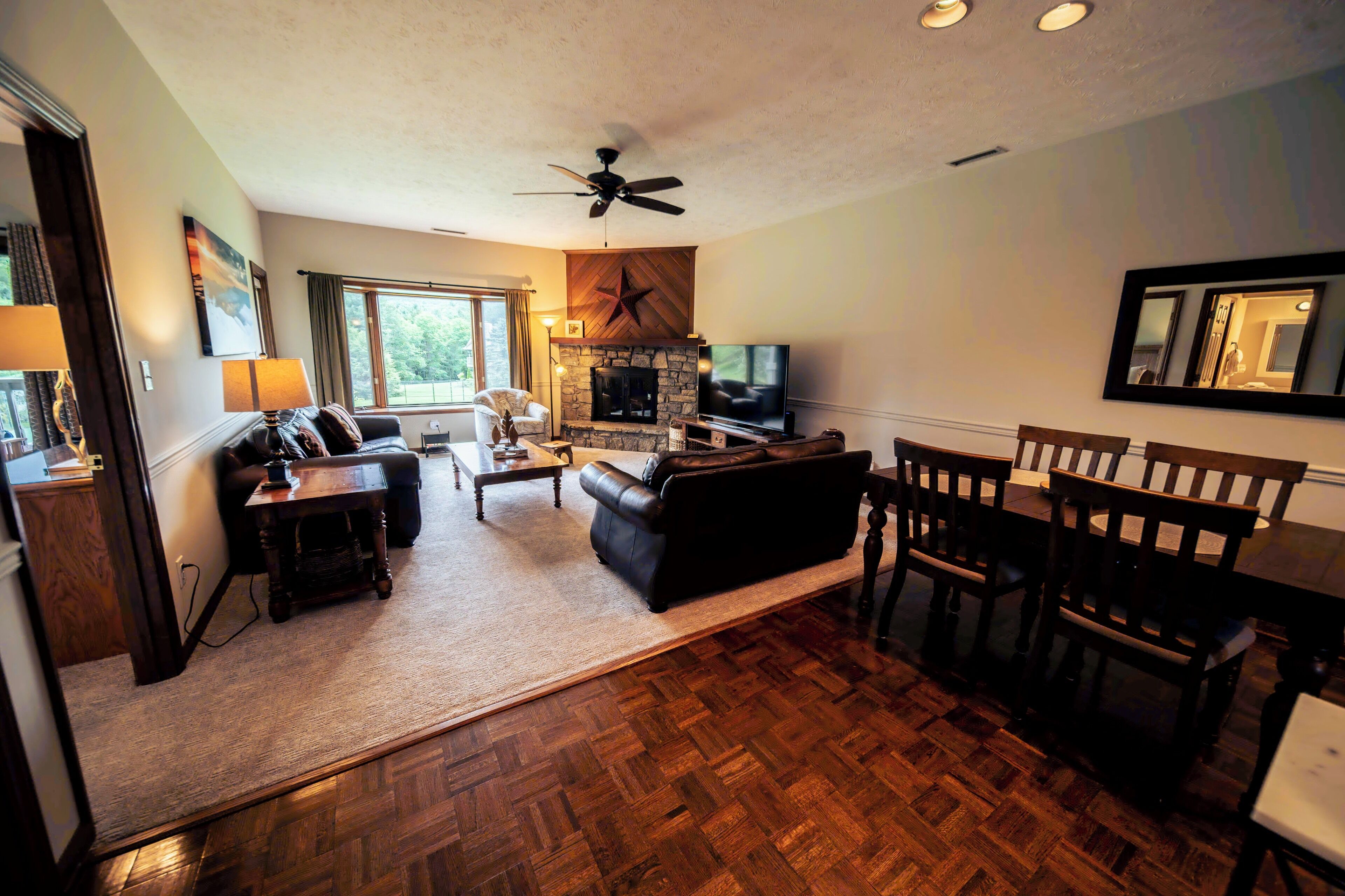 TV, caminetto, tavolo da ping pong, libri