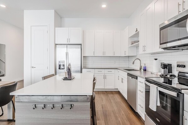 Fridge, dining tables