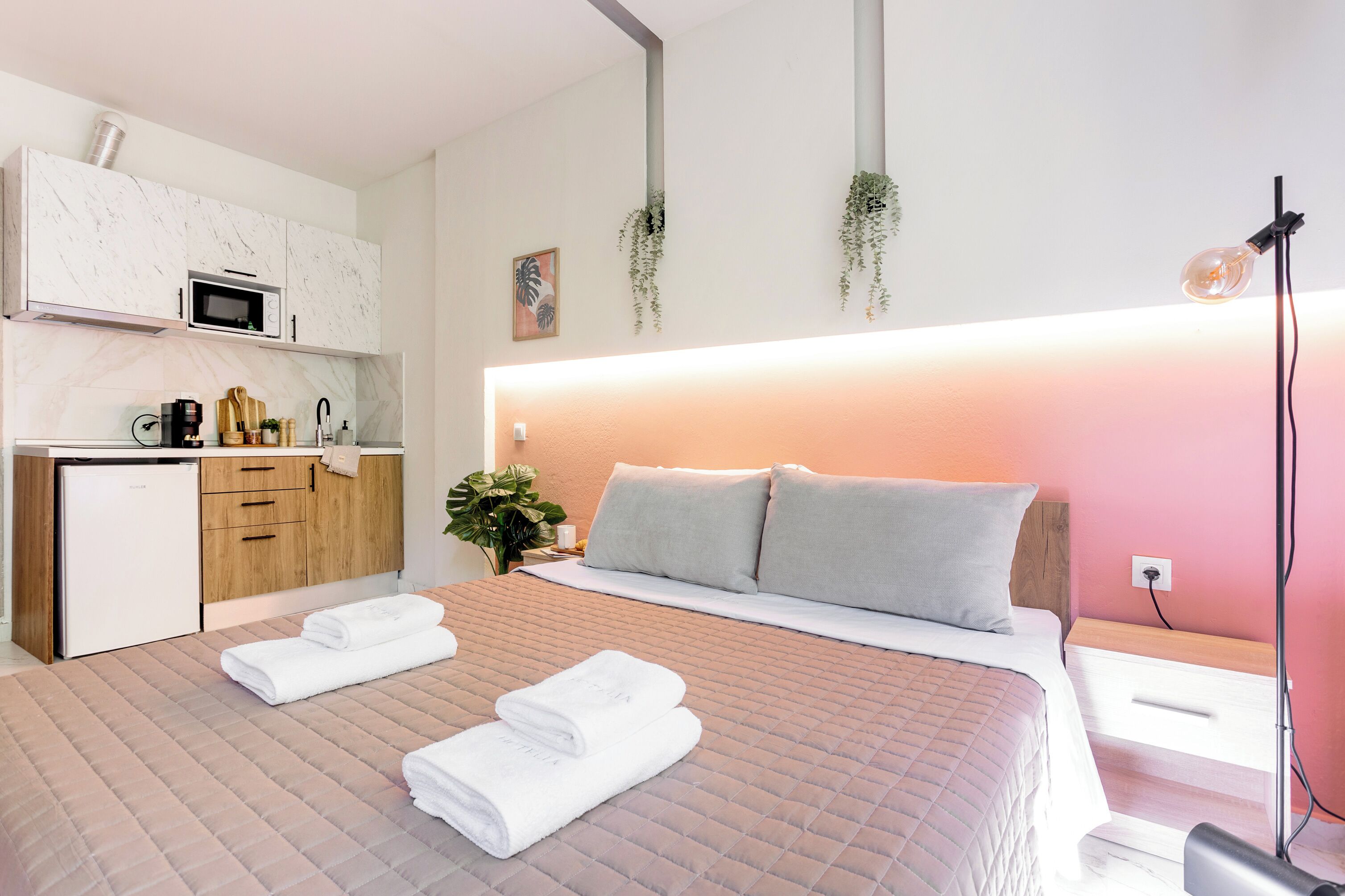 A modern bedroom with a large bed, a bedside table, a nightstand, a built-in microwave, a small refrigerator, and a hanging plant.