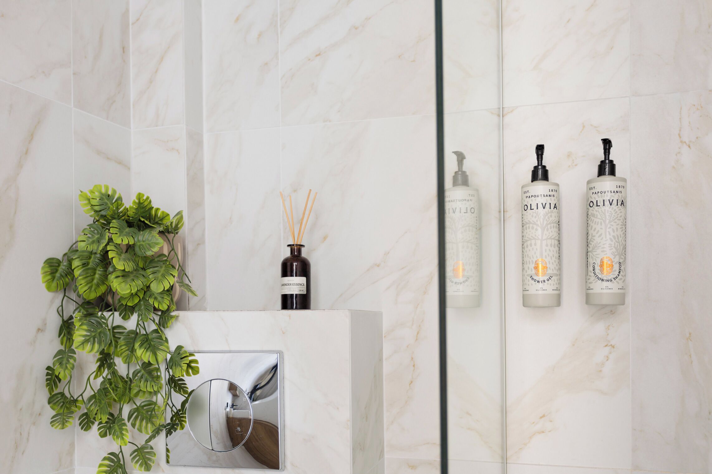 A bathroom with a marble wall, a potted plant, a mirror, and three toiletry bottles.