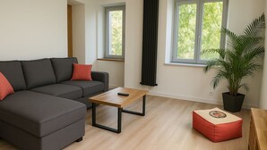 Una sala de estar moderna con un sofá gris, una mesa de centro de madera y un reposapiés rojo. Hay dos ventanas con cortinas, un radiador y una planta en maceta.