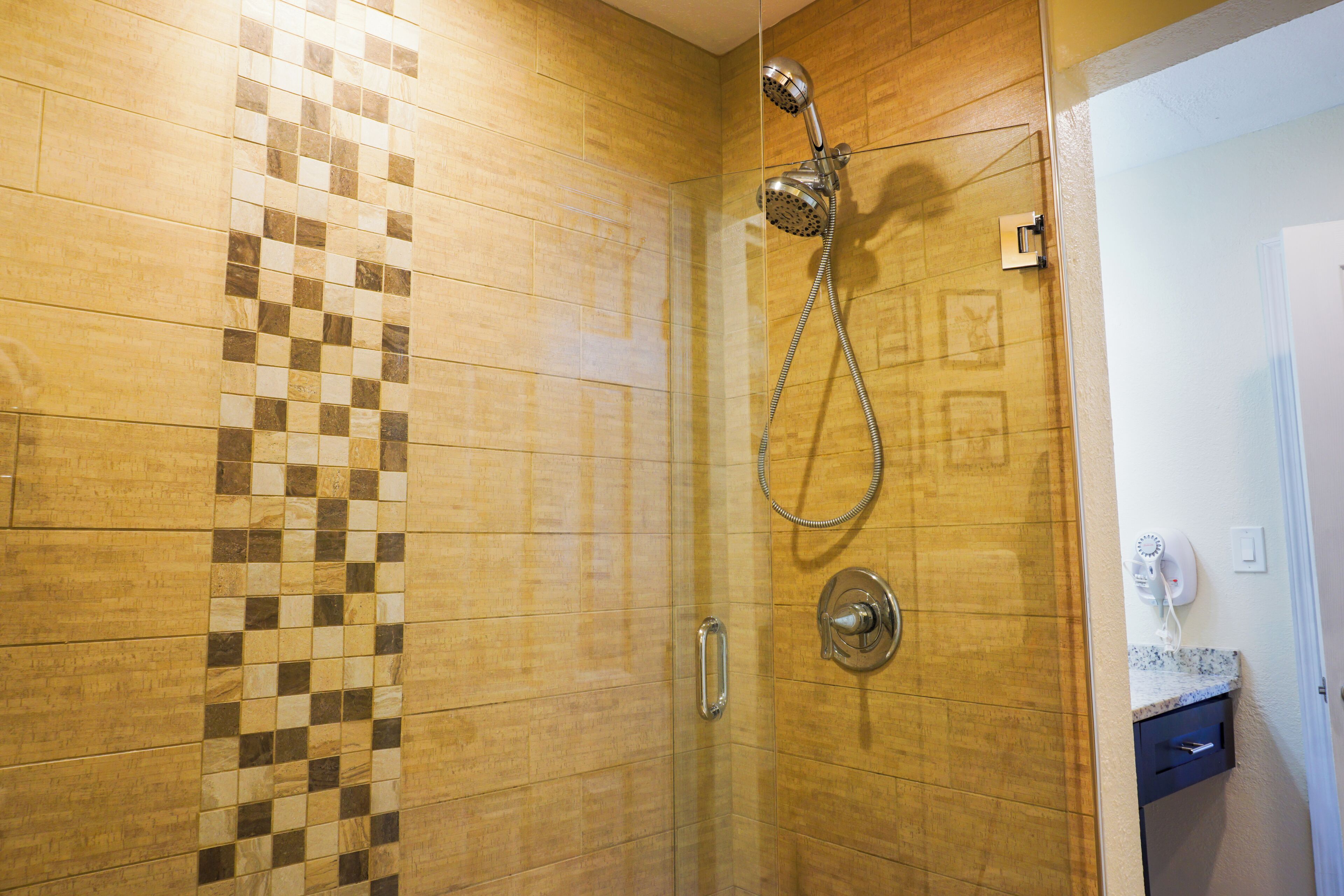 Hair dryer, towels, soap, shampoo