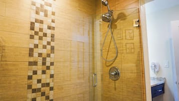 Hair dryer, towels, soap, shampoo